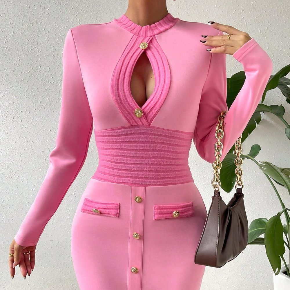 Pink Preppy womens Cut Out Button Detail Bodycon Dress - Picture 1 of 5
